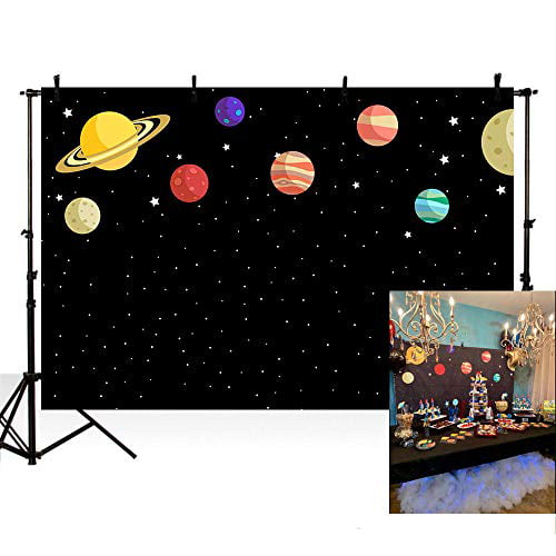 New Outer Space Planet Starry Sky Birthday Party Decorations Photo Studio Background Midnight Blue Backdrops Banner for Photography 7x5ft 